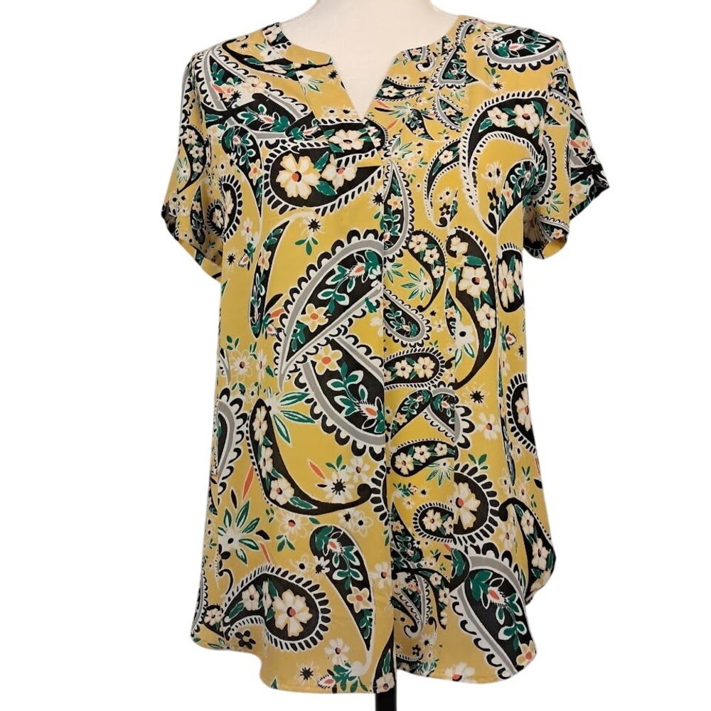 VAN HEUSEN‎ Women's S/P Yellow Paisley Top Blouse Flutter Sleeve V-Neck Pleat